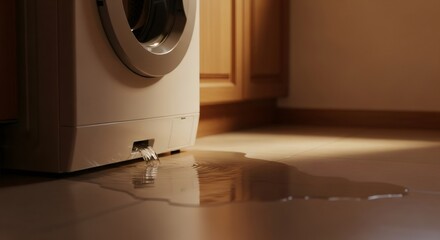Water leaking from washing machine onto laundry room floor. Overflow or broken appliance causing flood in home. Household damage concept.