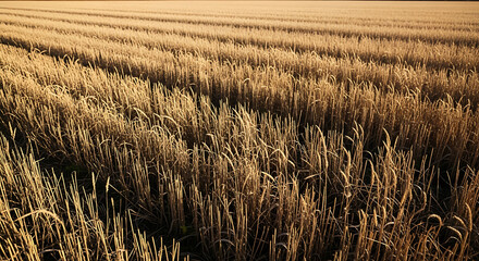 Aerial view of a golden wheat field with rows of harvested stalks under a bright sunlight ai generated