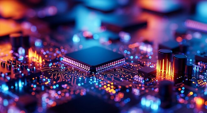 Close Up of a Computer Processor on a Vibrant Circuit Board technology electronics