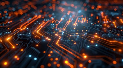 Illuminated circuit board with orange pathways and blue dots in a close up view