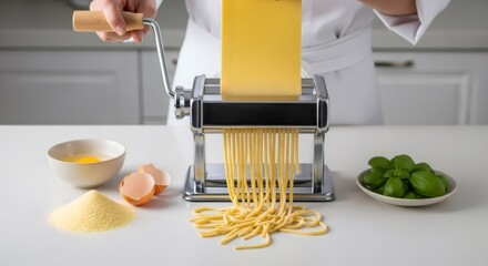 Woman making fresh spaghetti with pasta machine from dough. Cooking homemade italian noodle with traditional method. Culinary kitchen preparation.