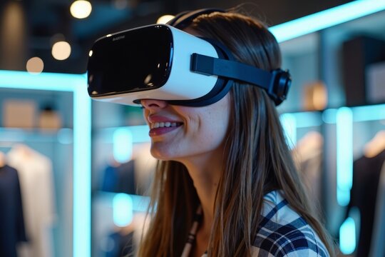 Woman uses virtual reality headset to shop for clothes in a digital store.
