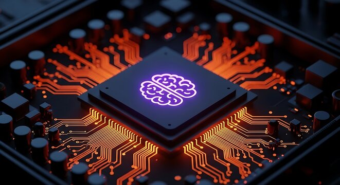 Futuristic AI Microchip with Glowing Brain Symbol and Circuits artificial intelligence