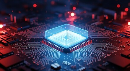 Blue Transparent CPU Microchip on a Dark Circuit Board with Red Lights computer chip