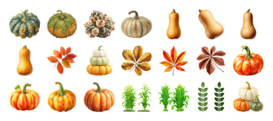 Assorted pumpkins, autumn leaves, and corn plants for seasonal decoration, design elements on transparent background