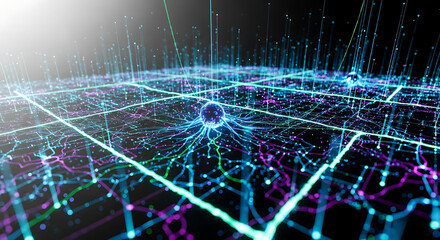 Abstract network grid with glowing lines and nodes connecting in a dark digital space scene ai generated