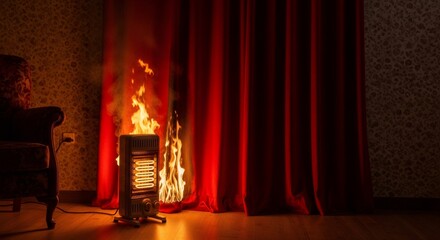 Space heater on fire setting red curtain ablaze. House safety risk of electrical accident. Home fire hazard and warning.