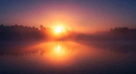 A serene sunrise over a misty lake with a reflection of the sun in the calm water and trees in distance ai generated