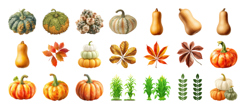 Assorted pumpkins, autumn leaves, and corn plants for seasonal decoration, design elements on transparent background