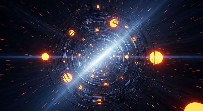 Futuristic tunnel with glowing lights and particles in motion warp speed