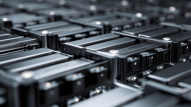 Close up perspective showcases an array of metallic storage modules in a technological setting