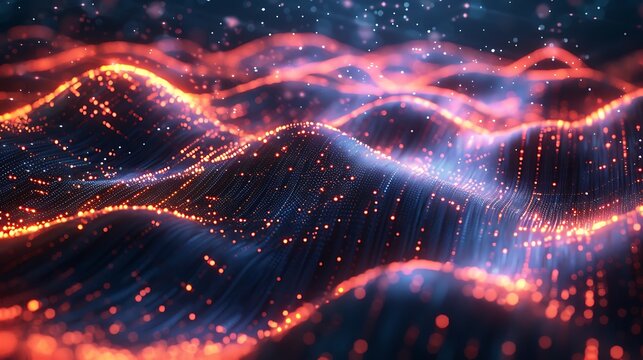 Glowing particles flowing in waves with blue and orange color gradient effect