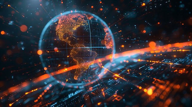 Illuminated globe with glowing orange continents and blue light streaks around it - Powered by Adobe
