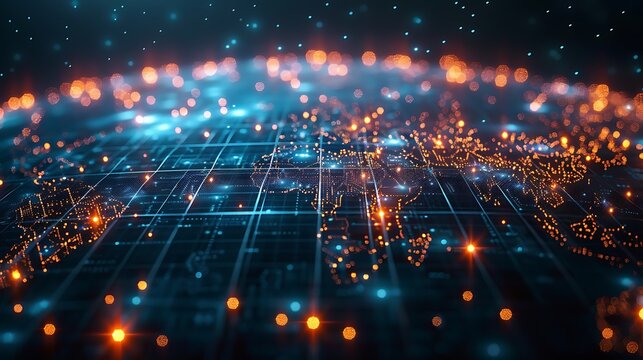 Abstract glowing network with blue grid and orange lights in a futuristic style