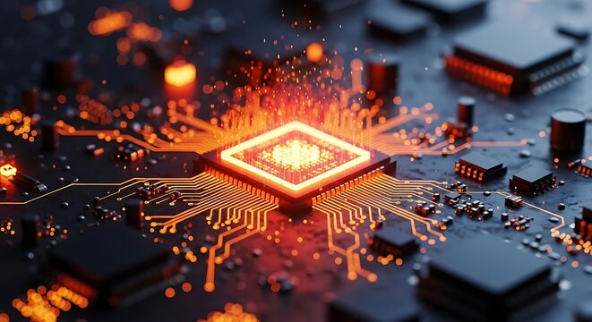 Fiery Processor on Circuit Board with Orange Glow and Sparks microchip technology