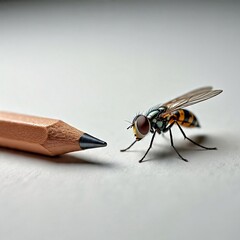 AI Generated Macro of Fly Next to Pencil on White Surface