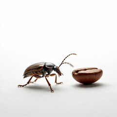AI Generated Macro of Brown Beetle Beside Coffee Bean on White Background