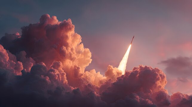 Sleek aerospace vehicle ascends through dramatic sunset clouds with brilliant exhaust plume