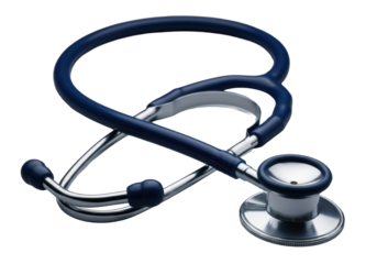 A medical stethoscope with a deep indigo, matte rubber tube in a dynamic curve, and mirror-polished sterling silver ear tubes and chest piece, isolated on a transparent background with subtle shadow,