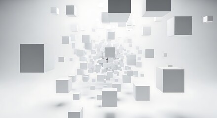 Abstract White Background with Numerous Floating Cubes of Varying Sizes image photo
