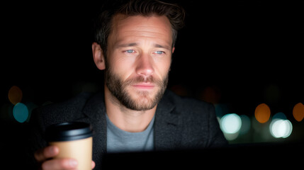 Exhausted businessman working late at night on a laptop with coffee and copy space