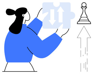 Woman holding puzzle piece with directional arrows, chess pawn symbolizing strategy, growth arrow. Ideal for teamwork, planning, strategy, growth, decision-making progress innovation. Simple flat