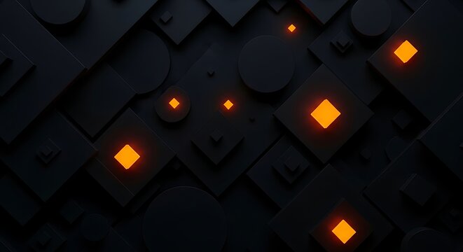 Dark abstract background with glowing orange squares and circles Keywords: abstract, background