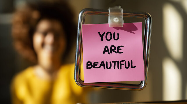 Positive affirmation You Are Beautiful on a paper note