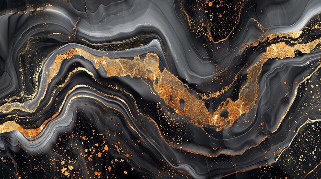 Abstract fluid art with golden accents and swirling patterns in gray and gold hues