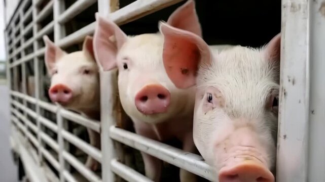Three adorable young pigs with pink snouts look out from a metal-barred livestock truck, appearing curious and alert during their journey.
