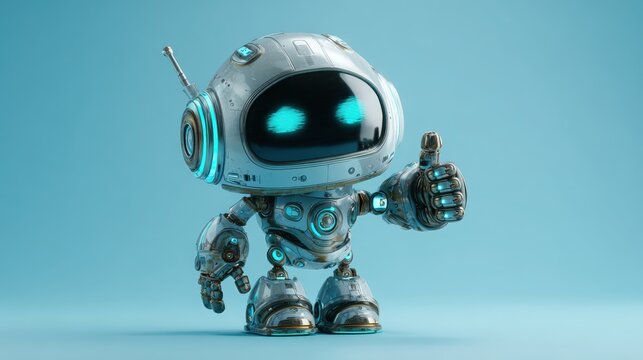 Childlike Futuristic Robot with Glowing Cyan Details Giving Thumbs Up