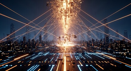 Digital Cityscape with Data Streams and Glowing Lights technology futuristic