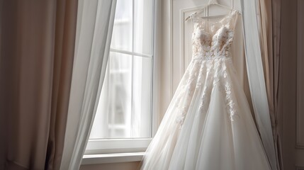 Elegant ivory bridal gown with lace details hangs near a bright window draped with sheer and opaque curtains