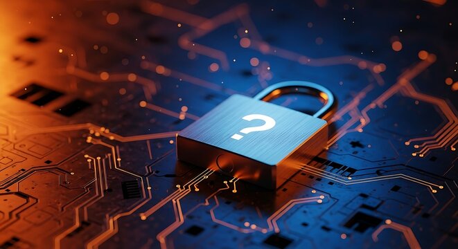 Padlock with Question Mark on Digital Circuit Board security mystery