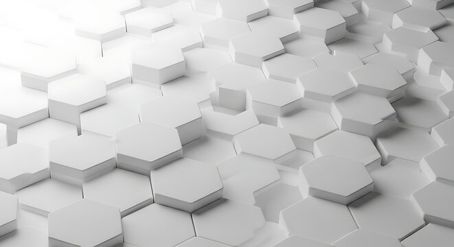 White hexagonal geometric pattern with bright light and shadows abstract background