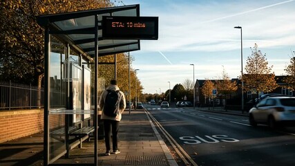 A person waiting at a bus stop in autumn, with a digital display showing ETA and a quiet street