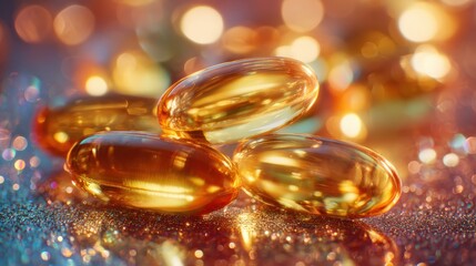 Close-up of Golden Fish Oil Capsules with Glowing Bokeh Background