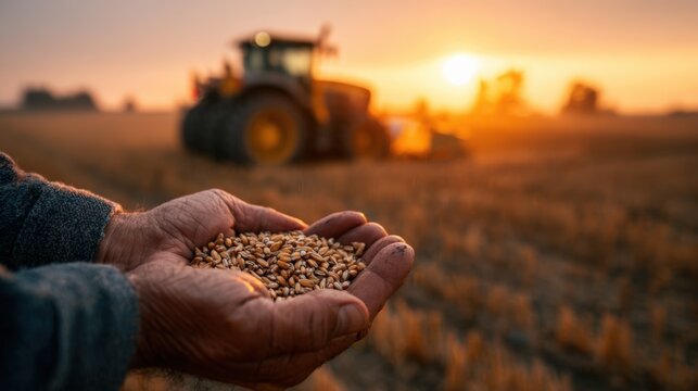 Close-up of Wheat Grains in Hands at Sunset with Tractor in Background
