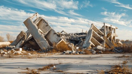 A collapsed concrete building lies in a desolate landscape. The structure is partially covered with vegetation. The sky is clear with scattered clouds.