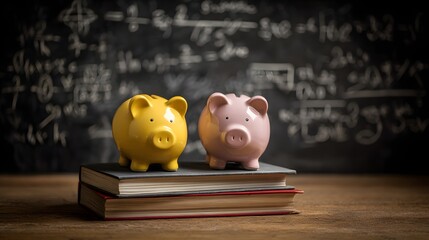 Ceramic piggy banks rest atop stacked textbooks against a chalkboard displaying mathematical equations