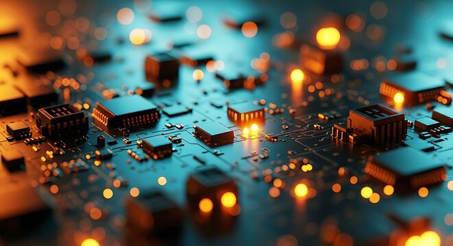 Electronic Circuit Board with Glowing Orange and Teal Lights technology computer