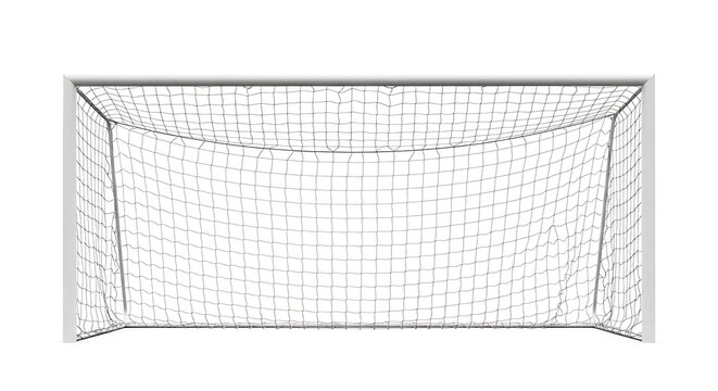 A frontal view of a soccer goal with a white frame and a net against a white background in a studio shot ai generated