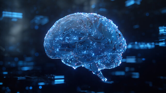Futuristic digital brain made of glowing circuits and holographic data, representing artificial intelligence and innovation. AI science and innovation in present en future. Technological development.