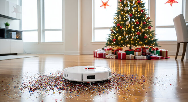 Smart robot vacuum cleaner removing colorful confetti from floor after New Year celebration symbolizing modern home technology and easy cleanup