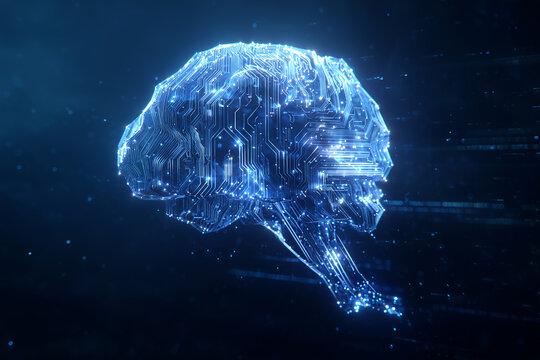 Futuristic digital brain made of glowing circuits and holographic data, representing artificial intelligence and innovation. AI science and innovation in present en future. Technological development. - Powered by Adobe