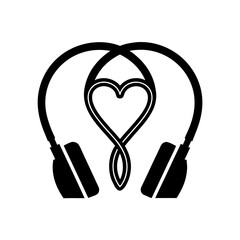 Headphone heart shaped design in black and white on transparent background