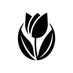Black and white tulip flower in circular design on transparent background