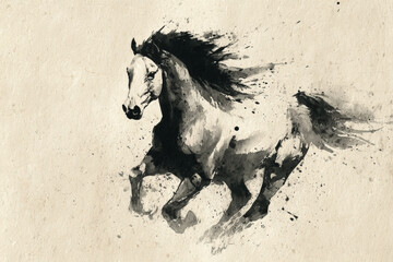 Dynamic Traditional Chinese Ink Painting of Galloping Horse on Rice Paper