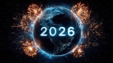 Glowing digital Earth with fireworks and neon 2026 text celebrating New Year