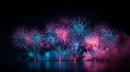 Neon fireworks exploding over water with pink and blue reflections at night
